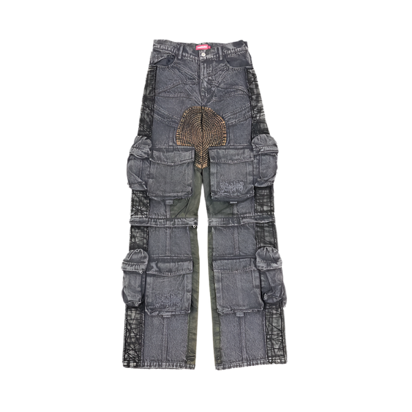 BLUE WASH PENT ZIP KNEE DENIM CARGO PANTS